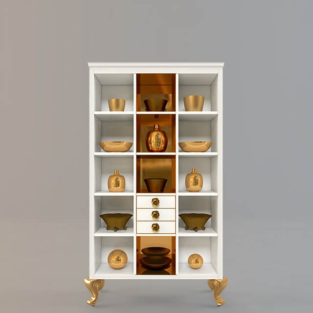 白色展示柜和黄金色系列装饰品3D模型（OBJ,FBX,MAX）