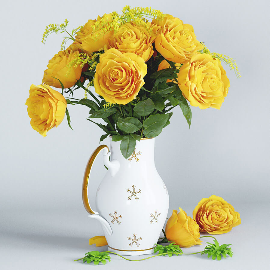 花瓶中的黄色玫瑰花束3D模型（OBJ,FBX,MAX）