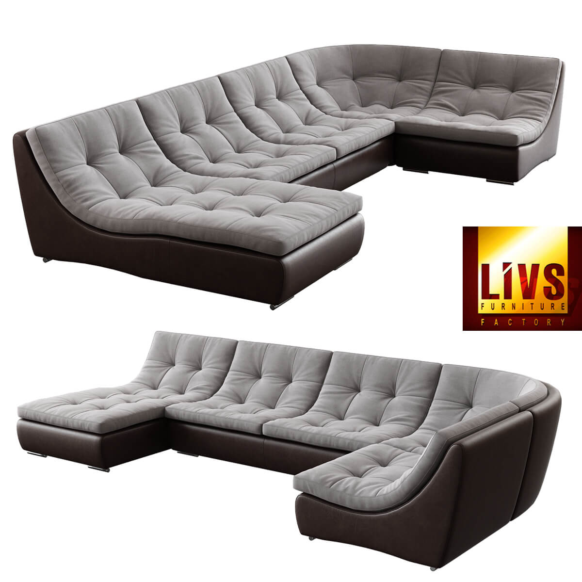 棕色皮革灰色布艺组合沙发3D模型（FBX,MAX）