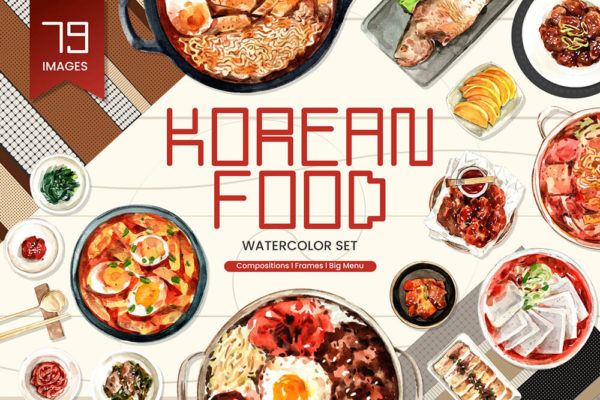 韩国食品食谱水彩插画素材 (psd,png,jpg)