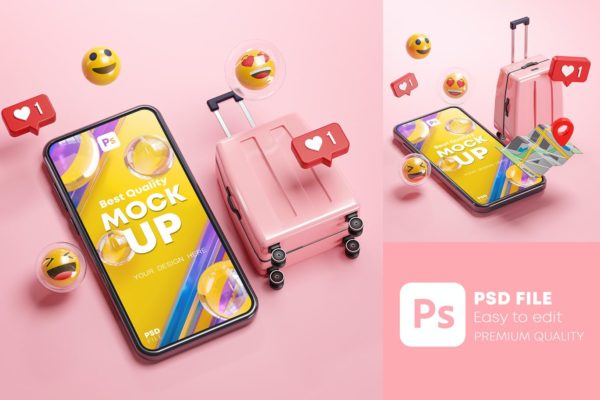 高品质的粉色手提箱手机APP UI样机展示模型mockups