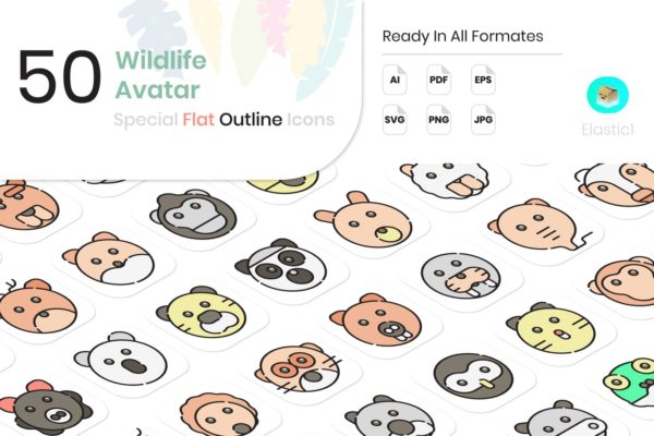 卡通野生动物图标套装 (AI,EPS,JPG,PDF,PNG,SVG)