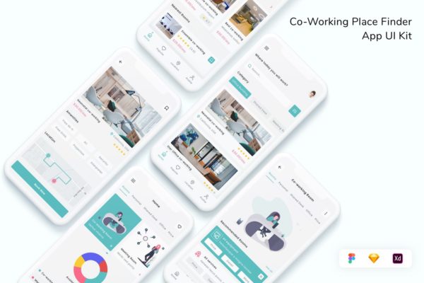 协同工作地点查找器应用程序用户界面套件 APP UI KITS (FIG,SKETCH,XD)