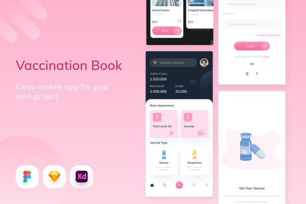 疫苗接种预订应用程序- APP UI KITS (FIG,SKETCH,XD)