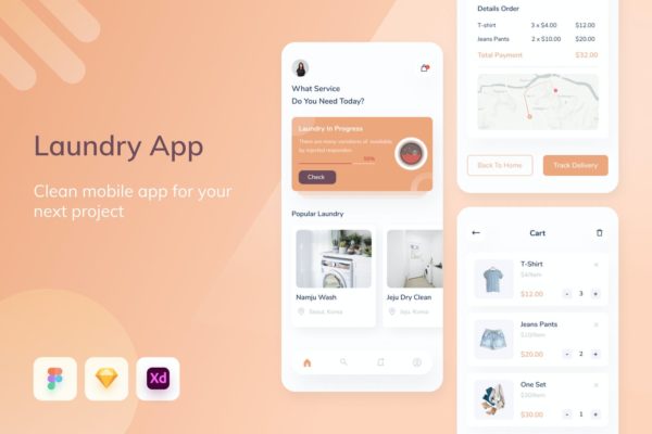 洗衣房移动应用程序- APP UI KITS (FIG,SKETCH,XD)