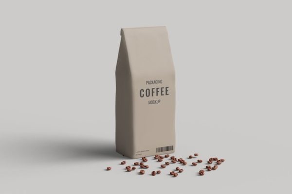 带咖啡豆的咖啡袋包装设计左视图样机[psd]