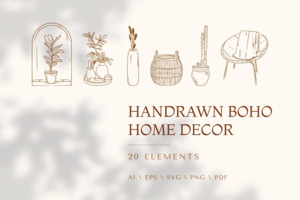 清新优雅多用途的高品质波西米亚家具装饰插图插画集合-AI、EPS、PDF、PNG、SVG