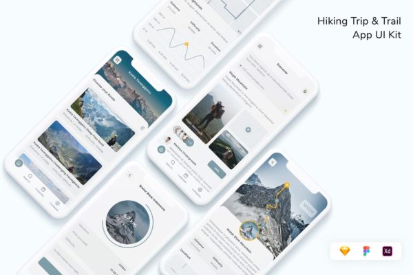 徒步旅行和小径应用程序用户界面套件 APP UI KITS (FIG,SKETCH,XD)