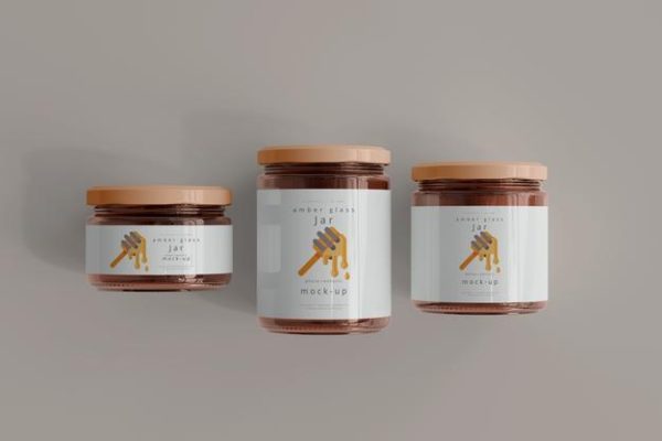 3个不同尺寸的蜂蜜罐外观包装设计样机[psd]