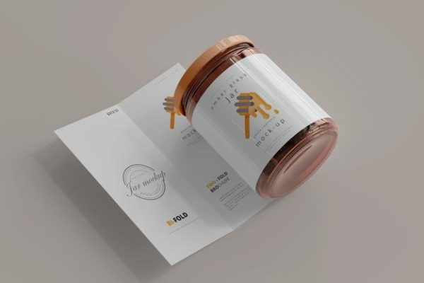 双折页小册子蜂蜜罐子效果图样机[PSD]