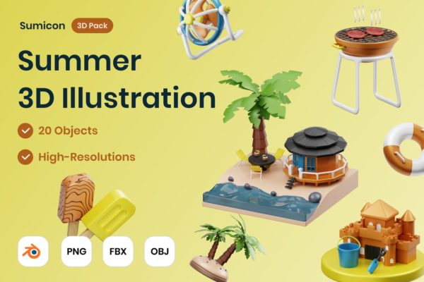 夏季暑假元素3D图标套装 (PNG,OBJ,FBX,Blend)