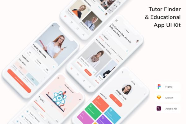 导师查找器和教育 APP UI kits 模板 (FIG,SKETCH,XD)