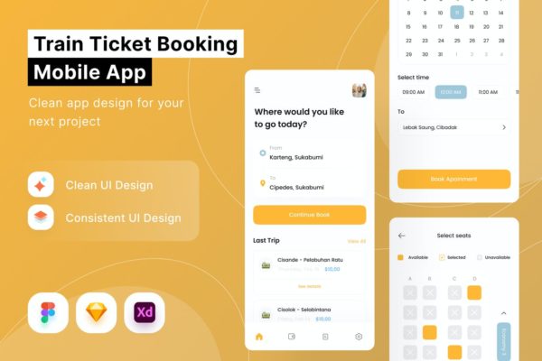 高铁火车票预订 APP UI kits 模板 (FIG,SKETCH,XD)