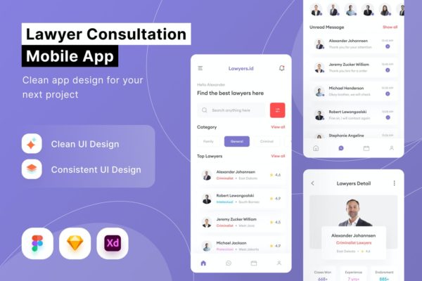 律师咨询手机应用 APP UI kits 模板 (FIG,SKETCH,XD)