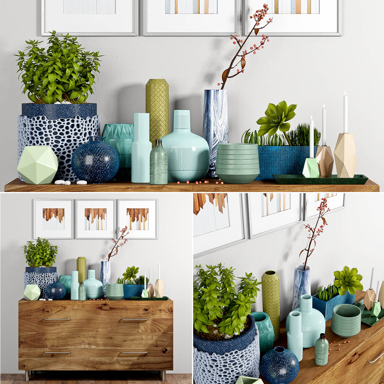 抽屉柜上的绿植盆景花瓶烛台及墙壁上的装饰画组合3D模型（OBJ,MAX）