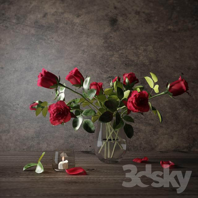 玻璃瓶中的红玫瑰花3D模型（MAX）