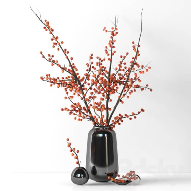 黑色花瓶里的红色浆果树枝3D模型（OBJ,FBX,MAX）