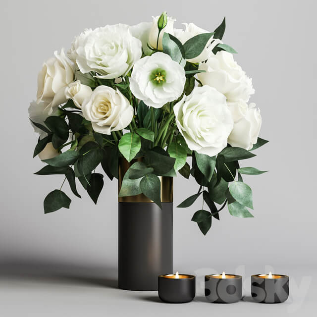 黑色花瓶中的白色玫瑰花束3D模型（FBX,MAX）