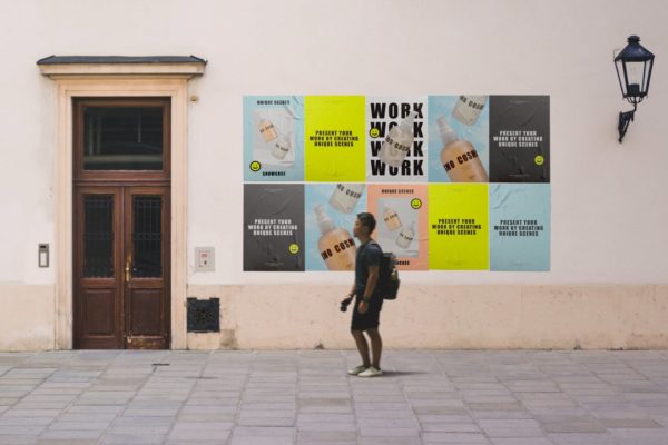 建筑墙广告艺术海报展示样机模板 (PSD)