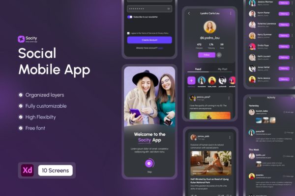 社交移动 App UI Kit (XD)