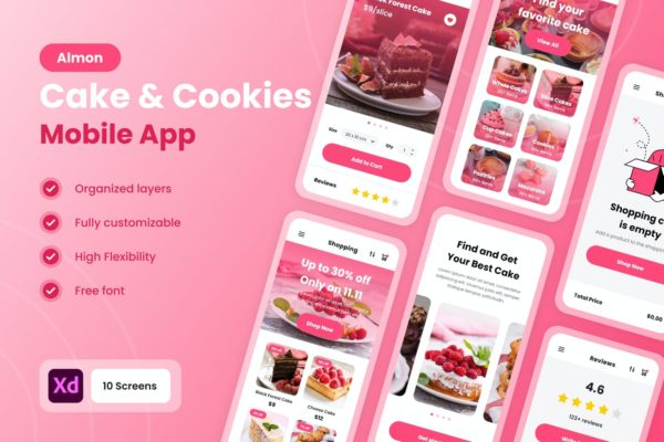 阿尔蒙-蛋糕和糕点移动APP UI KIT（XD）