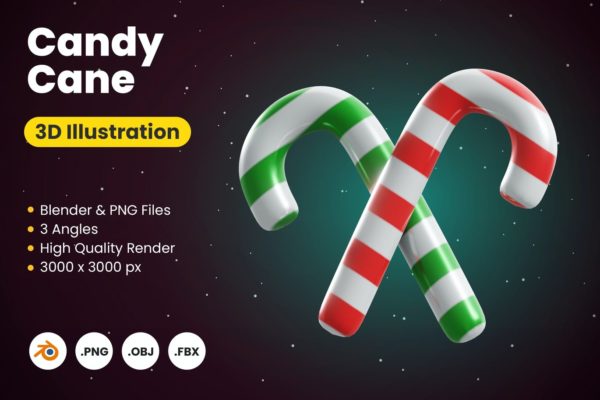 3D 圣诞糖果手杖(PNG,obj,fbx)