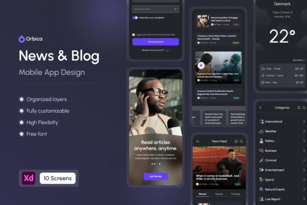深色资讯 & 博客移动端 App UI Kit (XD)
