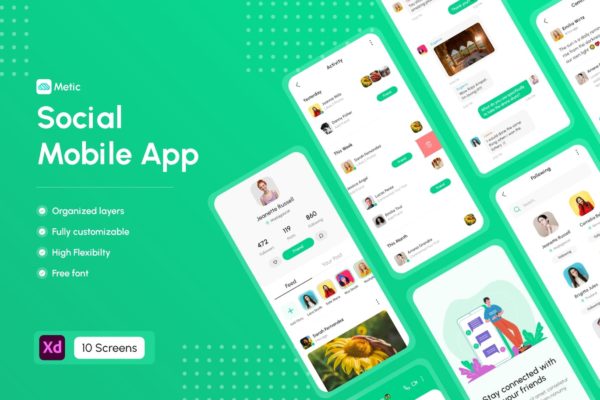 绿色清新社交媒体 App UI Kit (XD)