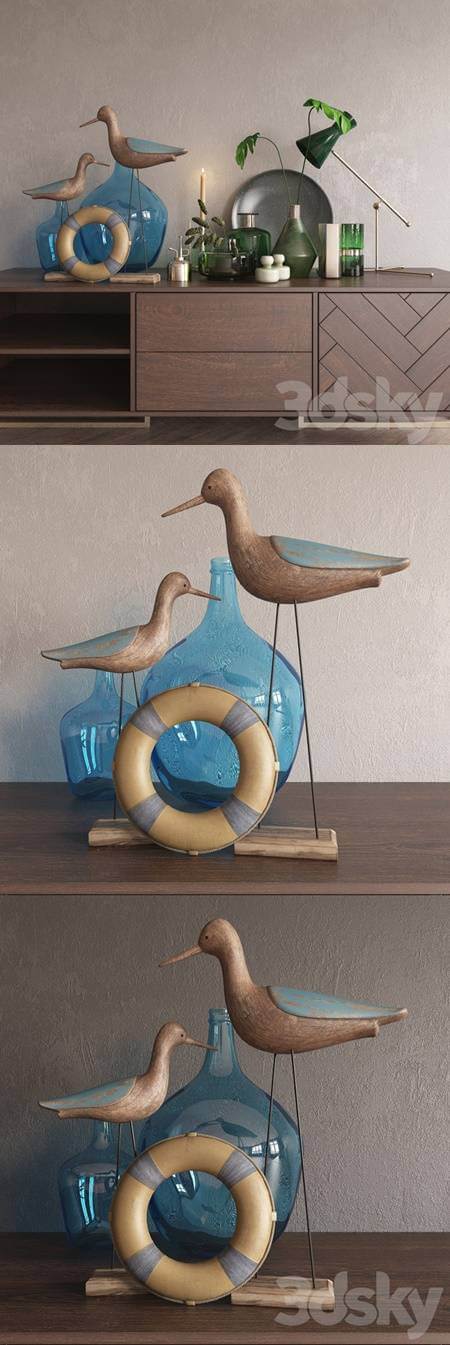 鸟工艺品和蓝色花瓶等装饰组合3D模型（OBJ,FBX,MAX）