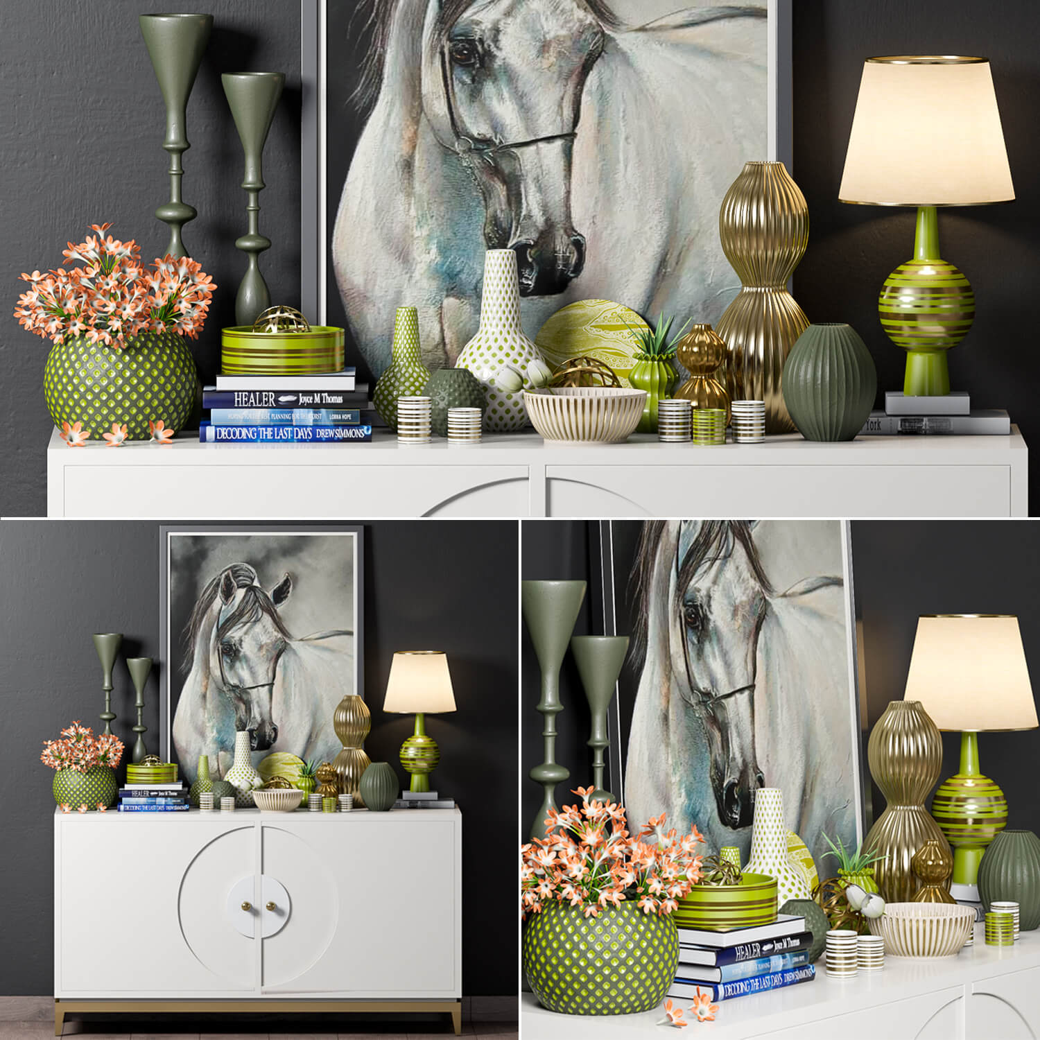 储物柜上的骏马装饰画和花瓶台灯书籍等装饰组合3D模型（OBJ,MAX）