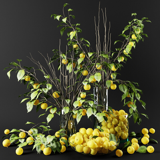 玻璃瓶里的黄苹果树枝3D模型（FBX,MAX）