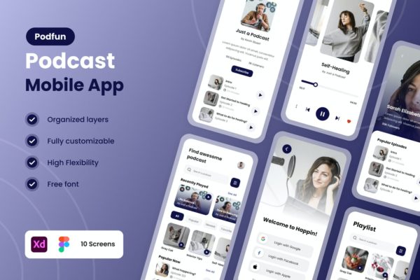 简洁风格播客 App UI Kit (XD)