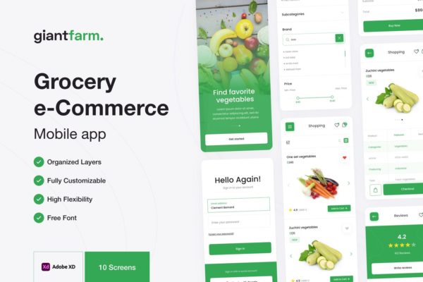 Giantfarm-食品和杂货配送移动APP UI KIT（XD）