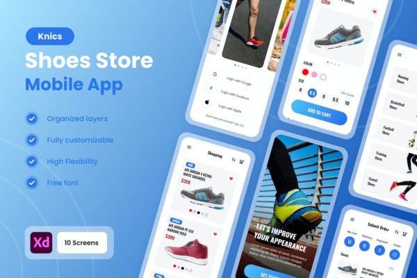 简洁风格的鞋和运动鞋 App UI Kit (XD)