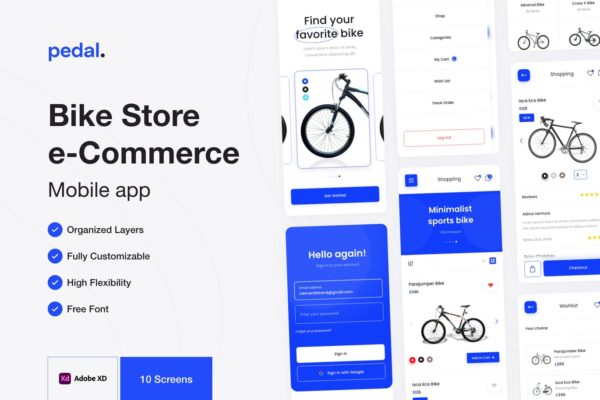 踏板-自行车商店和自行车维修移动APP UI KIT（XD）