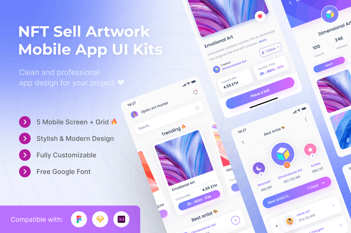 NFT销售 艺术品移动 APP UI Kits (FIG,SKETCH,XD)