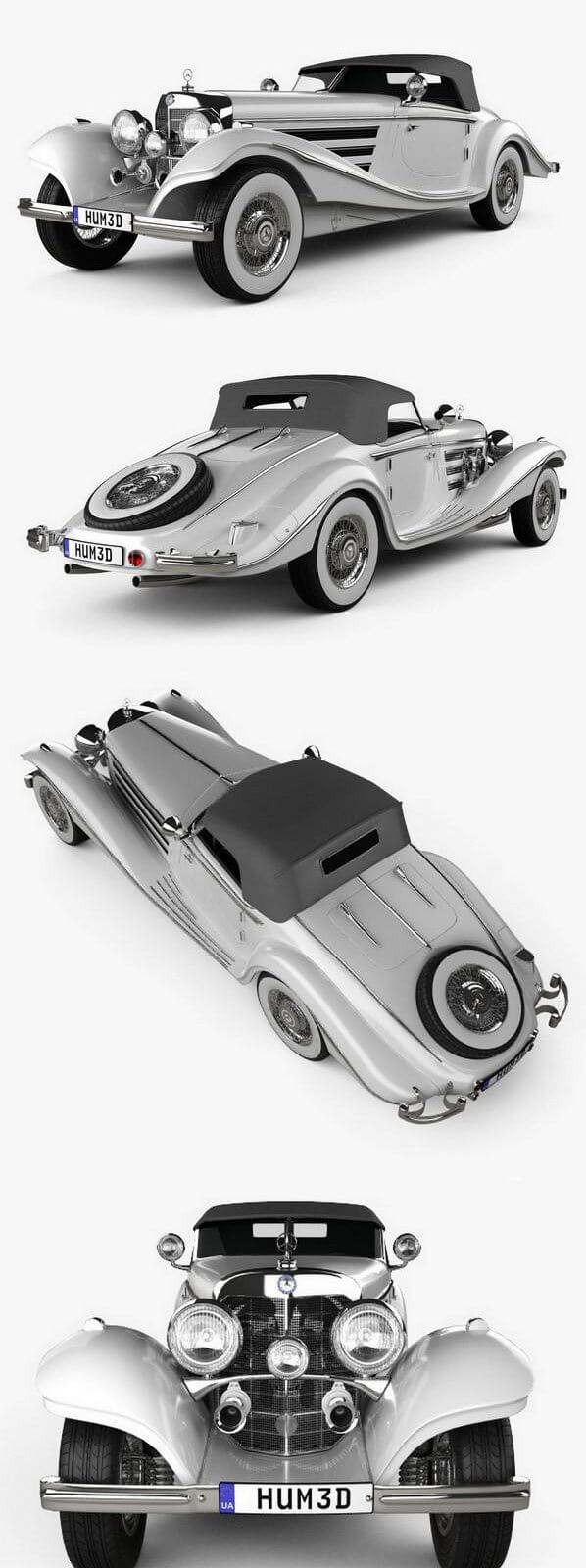 梅赛德斯奔驰 500K Special Roadster 1936 复古老爷车汽车3D模型下载 (MAX,3DS,FBX,OBJ,C4D,LWO)