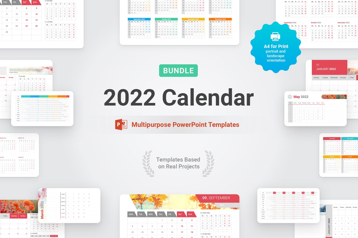 高品质的2022年日历台历行程表规划表设计powerpoint幻灯片演示模板（pptx）