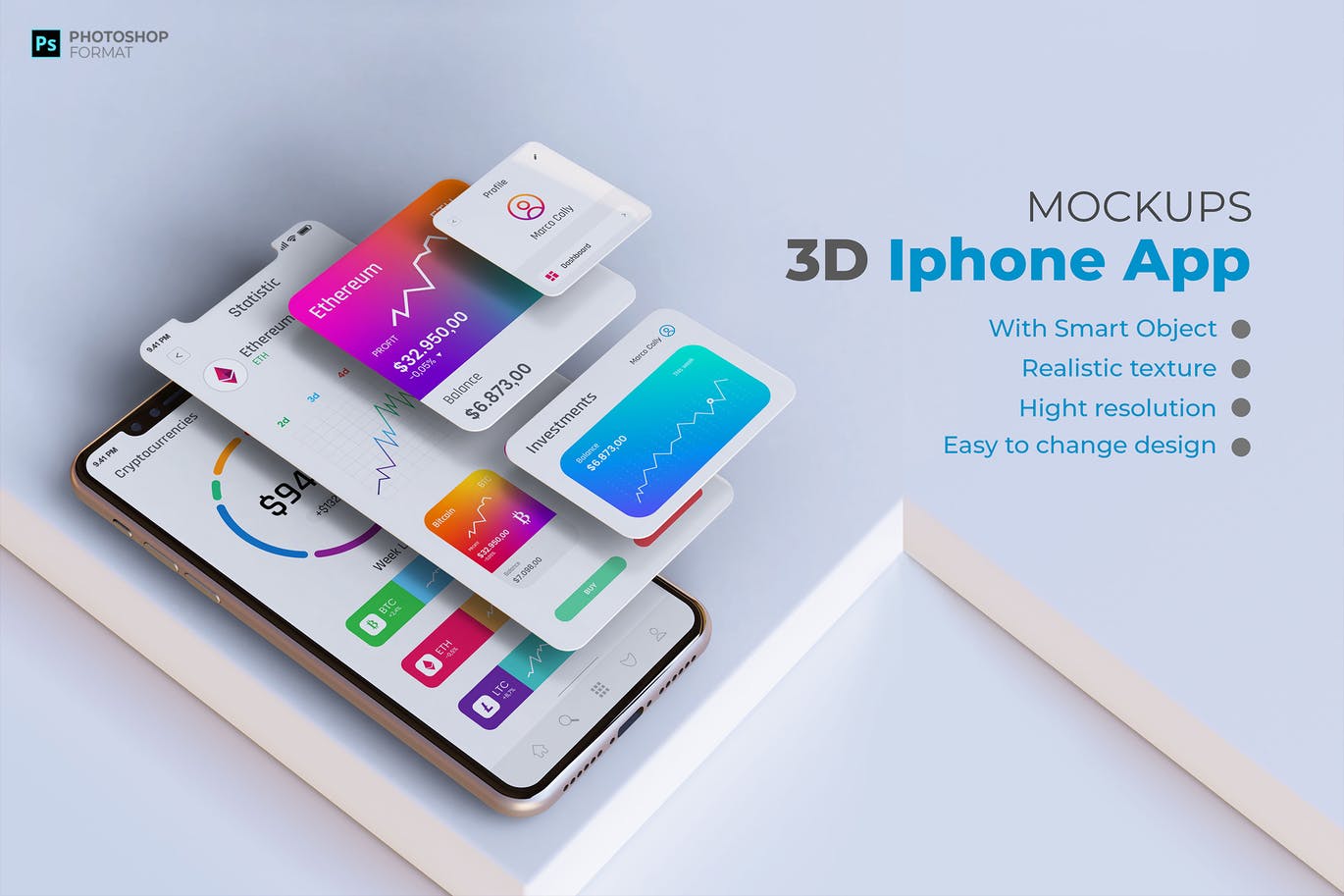 高品质的3D立体iPhone APP UI样机展示模型mockups