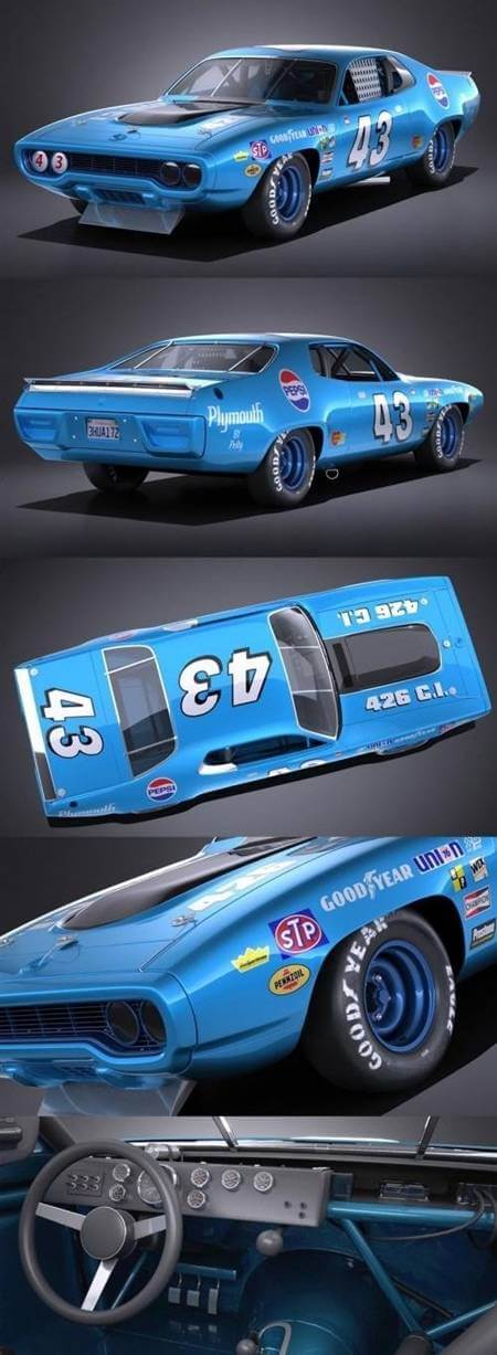 Plymouth Roadrunner NASCAR Richard Petty1971版蓝色普利茅斯跑车3D模型（OBJ,FBX,MAX）