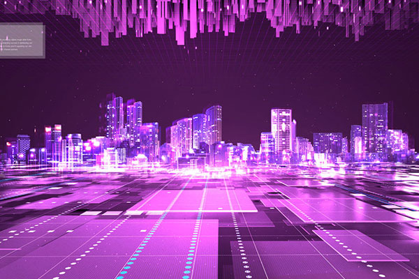 紫色城市虚拟世界元宇宙空间海报背景素材 (psd)