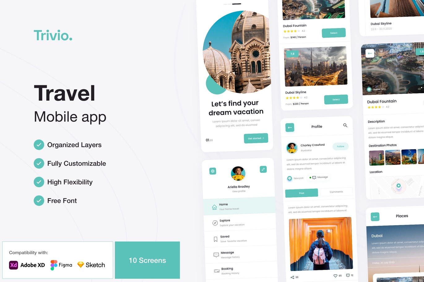 旅游和旅行移动应用程序 App UI Kit (FIG,SKETCH,XD)