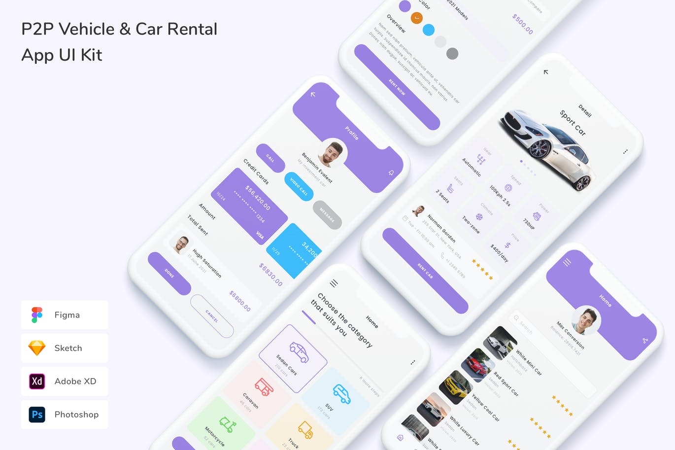 P2P 车辆和汽车租赁 App UI Kit (FIG,PSD,SKETCH,XD)