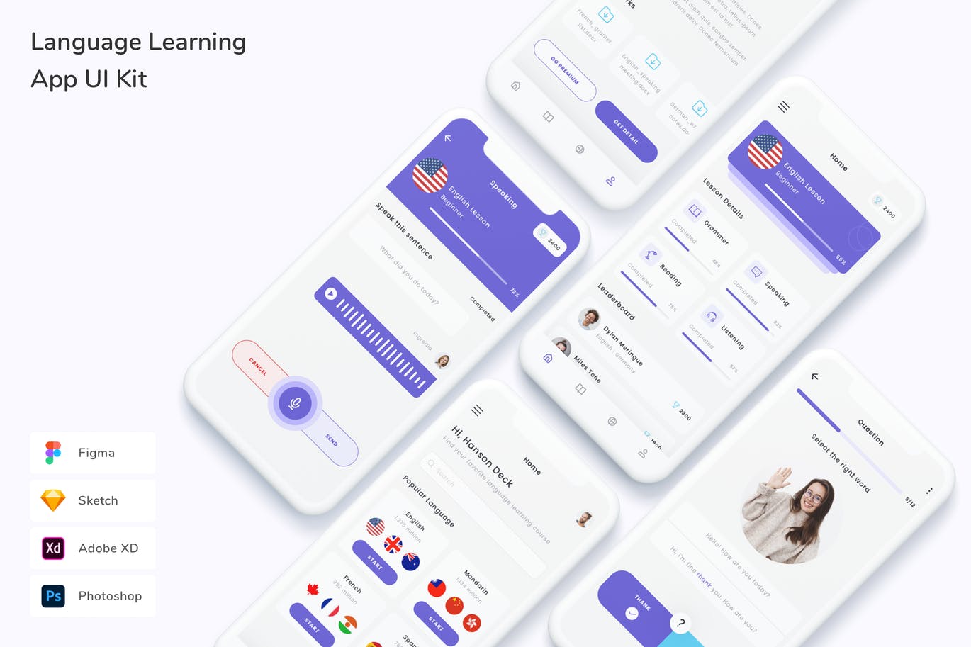 语言学习App UI Kit (FIG,PSD,SKETCH,XD)