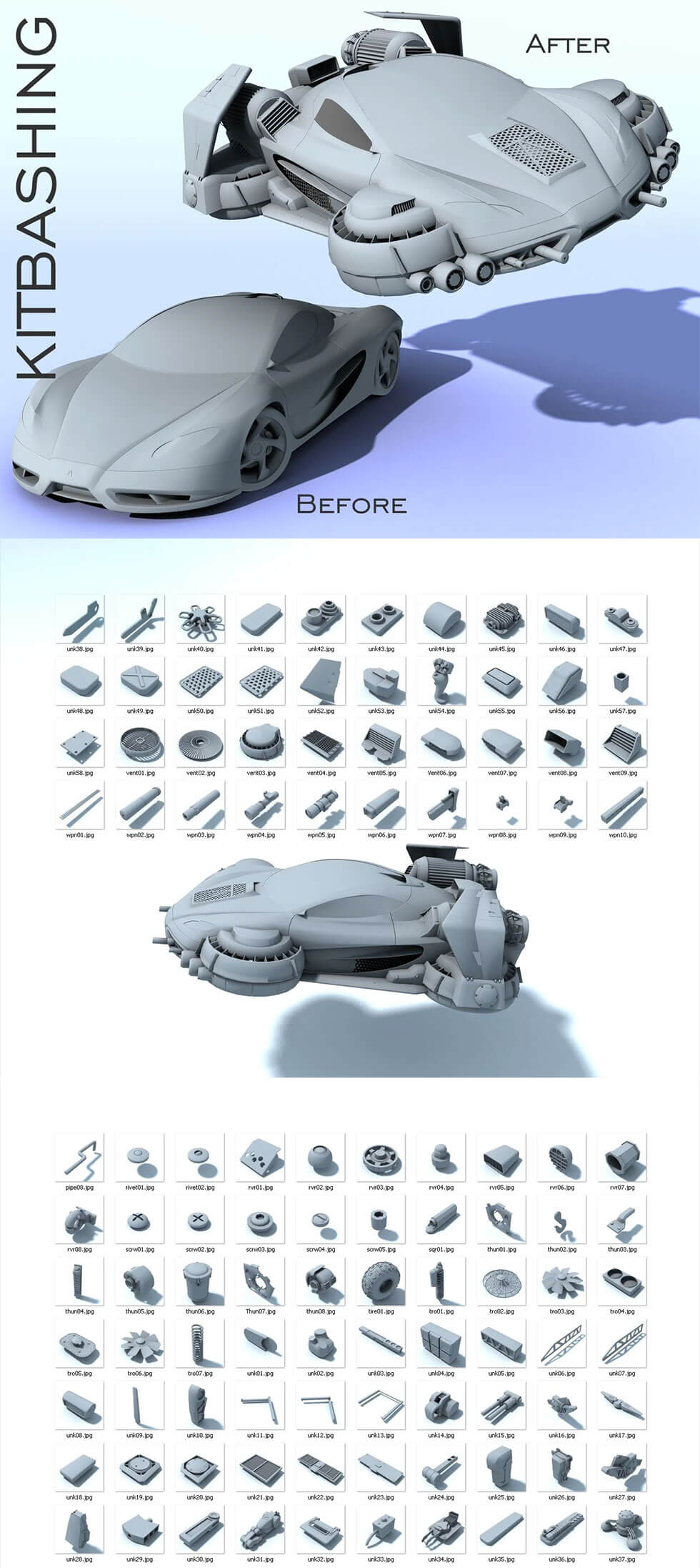 科幻飞行汽车+相关组件零件组合3D套装下载（dsx,obj）