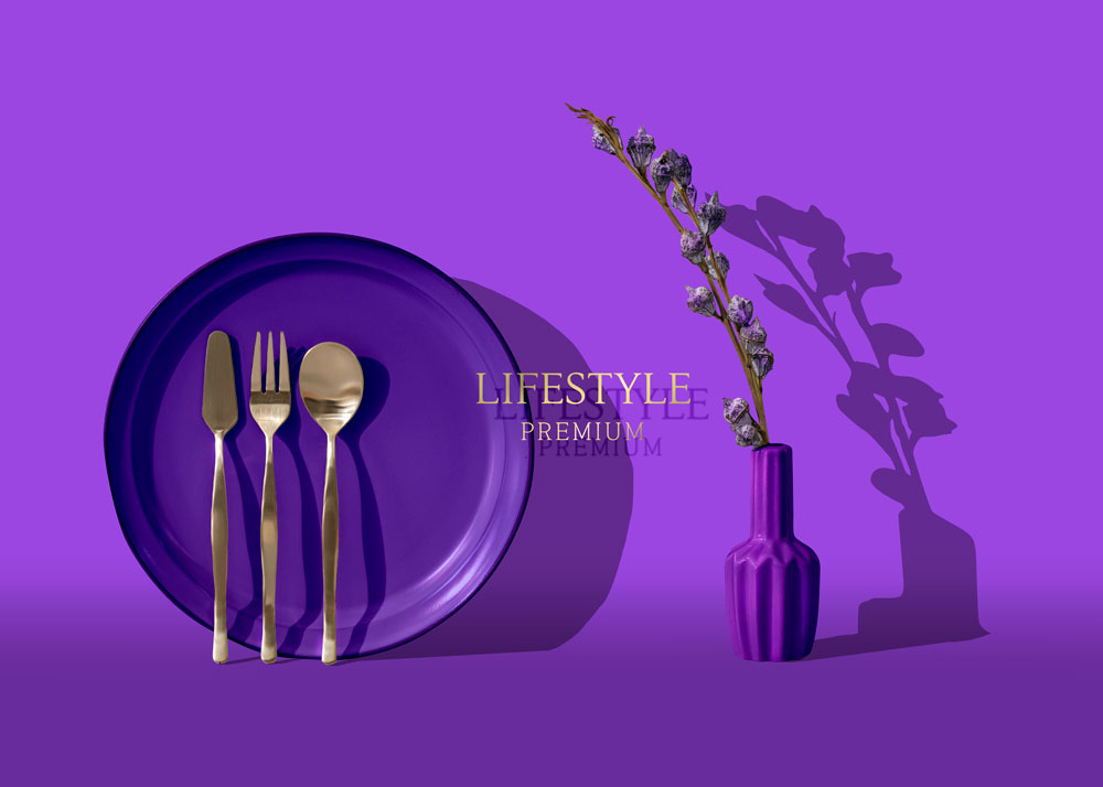 紫色主题西餐餐具海报设计模板 (psd)