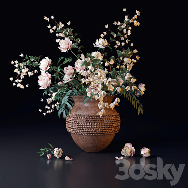 陶瓷花瓶中的九重葛和粉色牡丹花束3D模型（FBX,MAX）