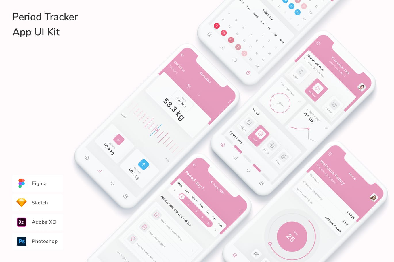 经期追踪器App UI Kit (FIG,PSD,SKETCH,XD)