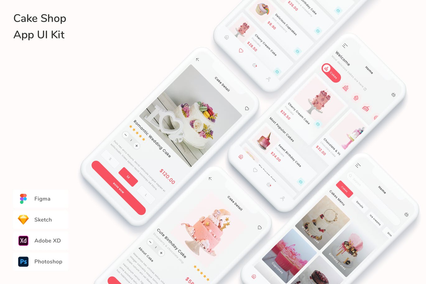 蛋糕甜品烘培店产品预订 App UI Kit（FIG,PSD,SKETCH,XD）