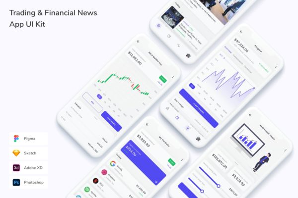 交易和金融新闻 App UI Kit (FIG,PSD,SKETCH,XD)